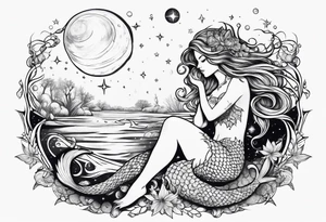Swamp mermaid under stars and planets tattoo idea