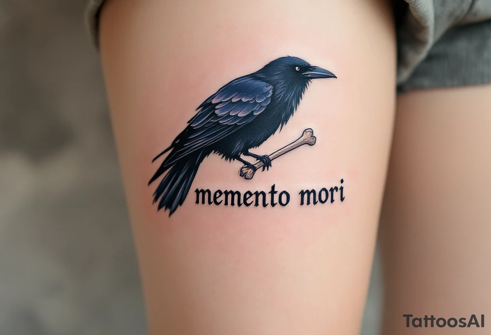 A crow with dark navy feathers carrying a bone in its beak, flying over the phrase "memento mori" in smoky gray. tattoo idea