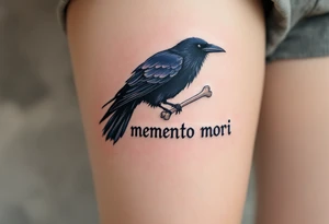 A crow with dark navy feathers carrying a bone in its beak, flying over the phrase "memento mori" in smoky gray. tattoo idea