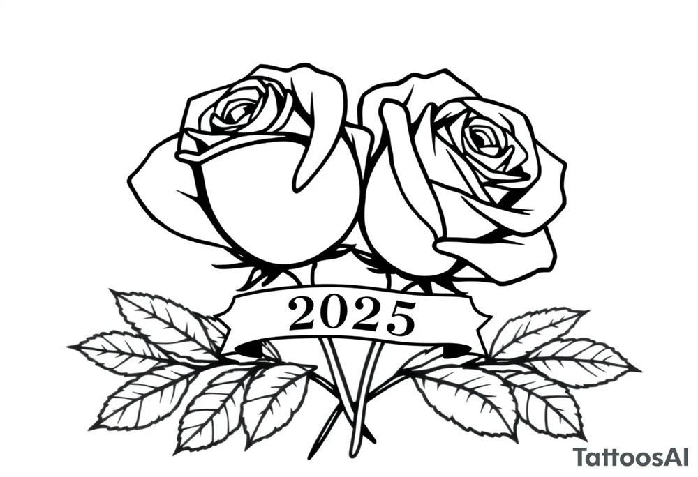 two beautiful large rose buds, one larger than the other, with many leaves next to the rose buds, with one sitting slightly higher than the other, side-by-side.  Include a banner connecting the two roses with the year 2025 on it.   Use dark outlines with little shading. No stems tattoo idea