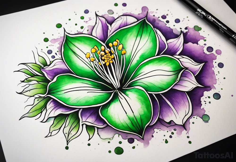 An outline of a green rio dipladenia flower and a green/purple watercolor splatter in the background tattoo idea
