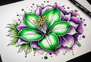 An outline of a green rio dipladenia flower and a green/purple watercolor splatter in the background tattoo idea