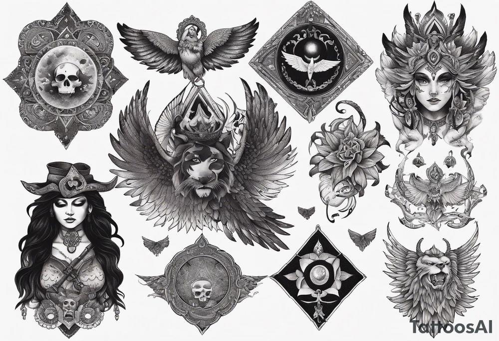 black kali, goddess pirate, alien, angel, pachamama, valkrye, warrior, flying, skull, lotus azul, wing, eagle, zenza resonance, stars, 5D, anahata chakra, death, durga, riding on a tiger, flying lady, kundalini, chest tatoo tattoo idea