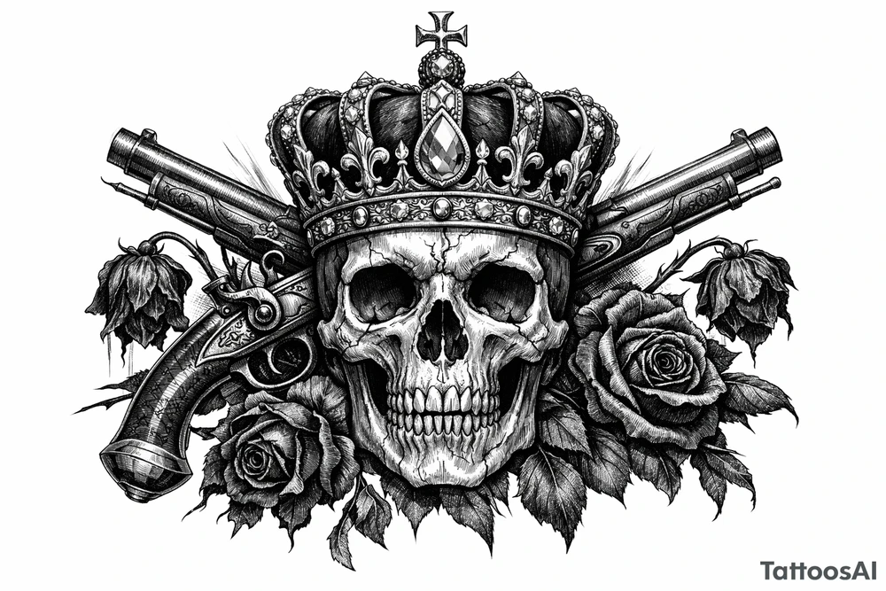 Skull with a jeweled crown, antique flintlock pistols, wilting dark red roses, gothic style. tattoo idea