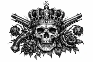 Skull with a jeweled crown, antique flintlock pistols, wilting dark red roses, gothic style. tattoo idea