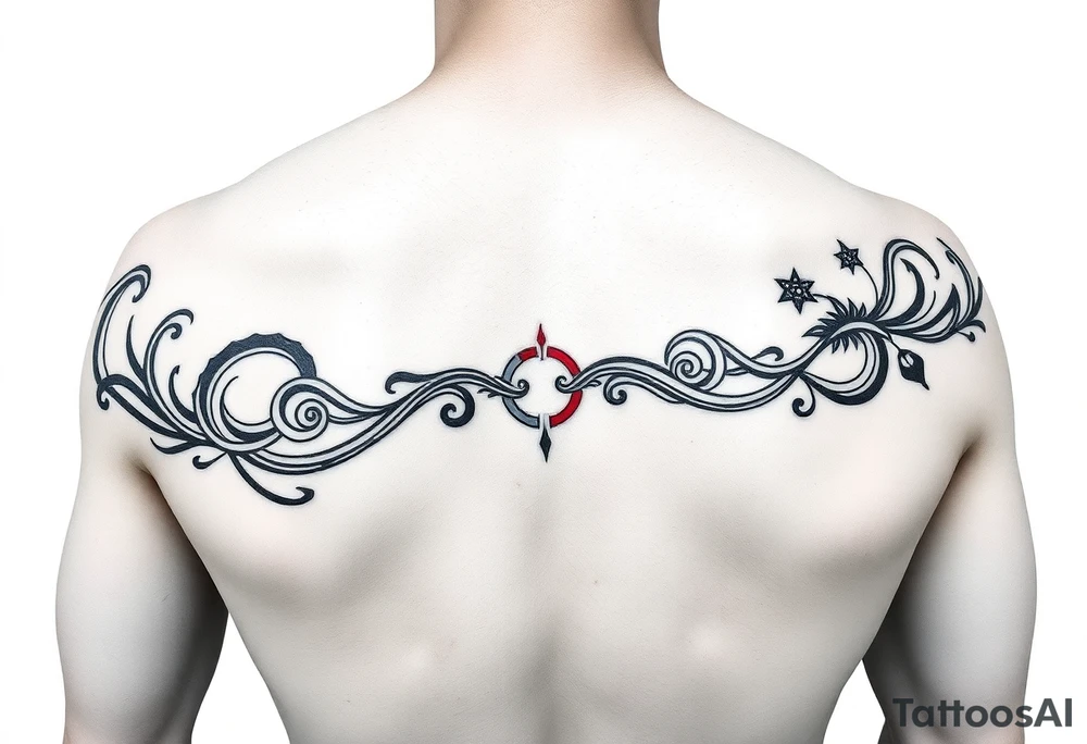 Tattoo line art, long thin band, Greek meander fusion with neo-tribal and Chinese elements, black and red, 10:1 ratio tattoo idea