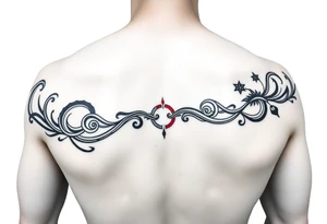Tattoo line art, long thin band, Greek meander fusion with neo-tribal and Chinese elements, black and red, 10:1 ratio tattoo idea