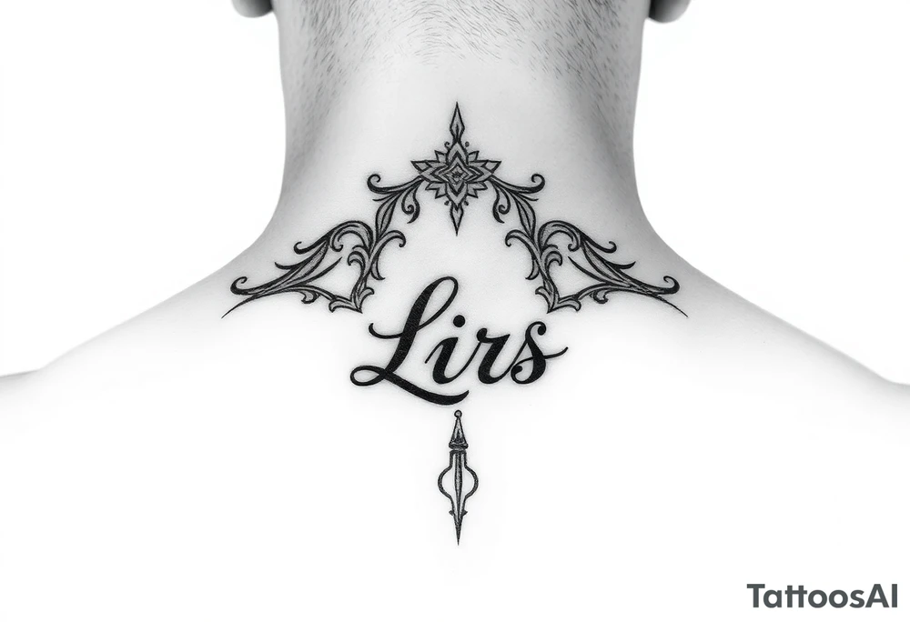 Feminine lkiss mark tattooed on the neck with the initials lrs beside it tattoo idea