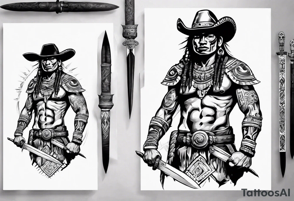 Aztec warrior with cowboy hat holding a sword tattoo idea