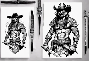 Aztec warrior with cowboy hat holding a sword tattoo idea