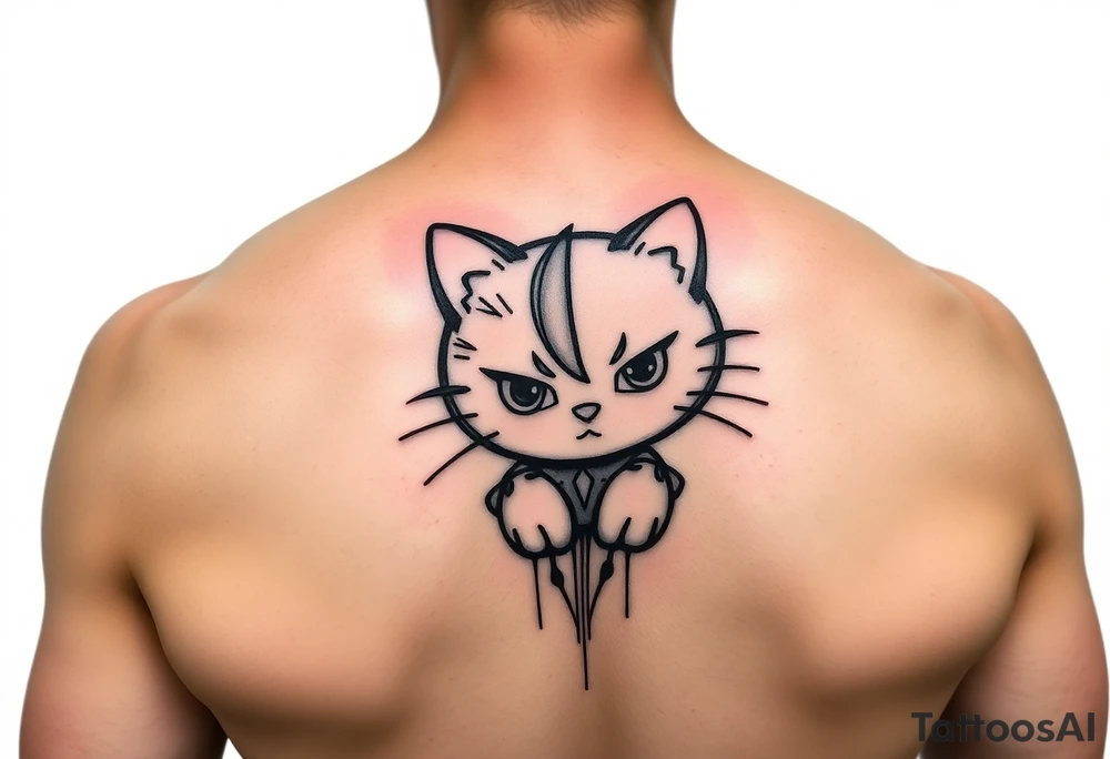 white background, cyber sigilism art / neo primal inspired hello kitty tattoo idea