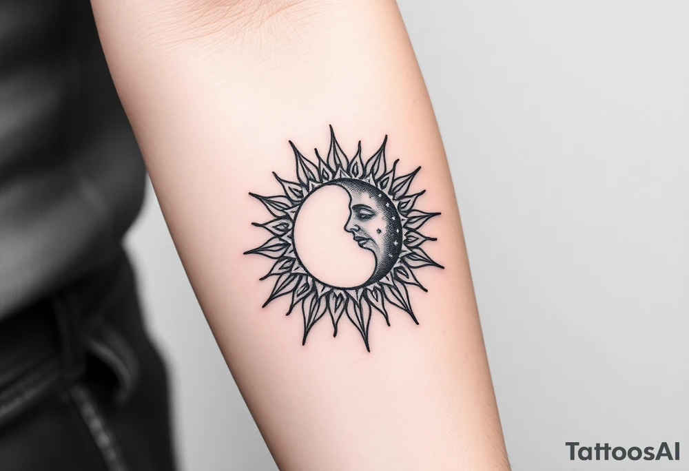 celestial sun and moon embrace with constellation patterns tattoo idea