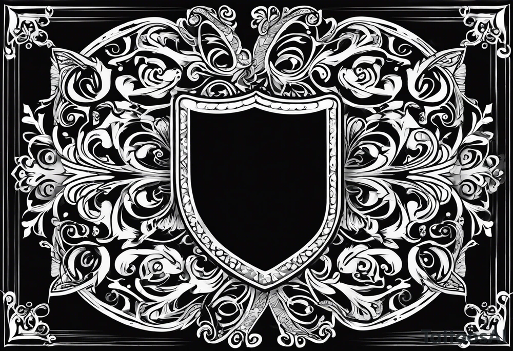 Design a large chest shield the includes the upper shoulder.  The theme should be family forever.  In the center of the chest shield will be the family crest. tattoo idea