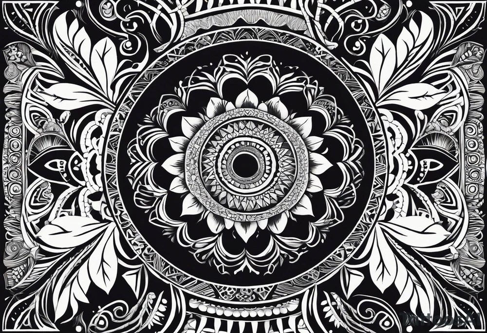 Tatouage ornement noir et blanc. Forme géométrique en longueur avec quelques petit signes aborigène australiens désignant les kangourous et la vie. Puis dessiner un soleil, des vagues. Ainsi que  des feuilles provenant d’Australie et de  Bali. Lignes très fines. tattoo idea