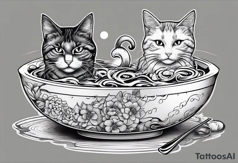 Two tabby cats sitting in a ramen noodle bowl tattoo idea