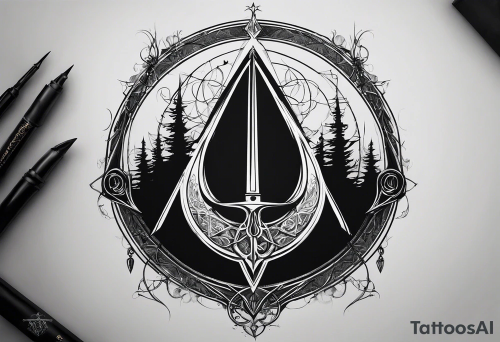 Lord of the rings with Harry Potter incorporated but clear visual of both movies. Small and minimal. Something like the deathly hallows symbol made out of swords and wizard staff from LOTR tattoo idea