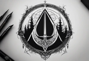 Lord of the rings with Harry Potter incorporated but clear visual of both movies. Small and minimal. Something like the deathly hallows symbol made out of swords and wizard staff from LOTR tattoo idea