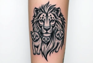 Tribal half male lion half 3 female cubs tattoo idea