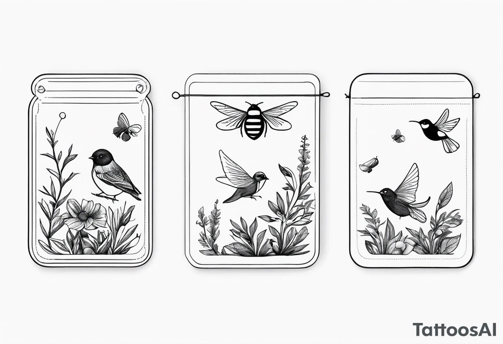 Tea bag with 757 on it, three fine line whimsical birds and a bumble bee tattoo idea