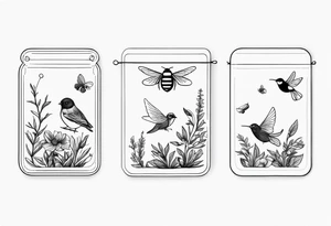 Tea bag with 757 on it, three fine line whimsical birds and a bumble bee tattoo idea