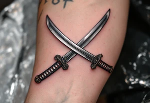 A pair of crossed katana swords with silver blades and black-and-red wrapped handles. tattoo idea