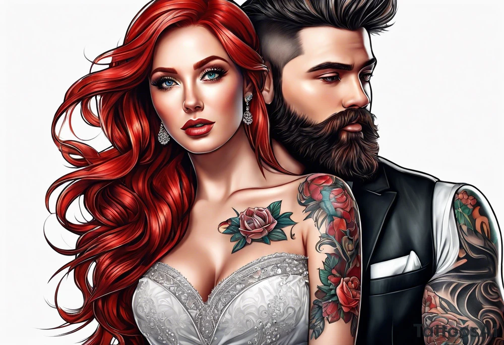 Busty red haired woman with a bearded man who has black hair getting married tattoo idea