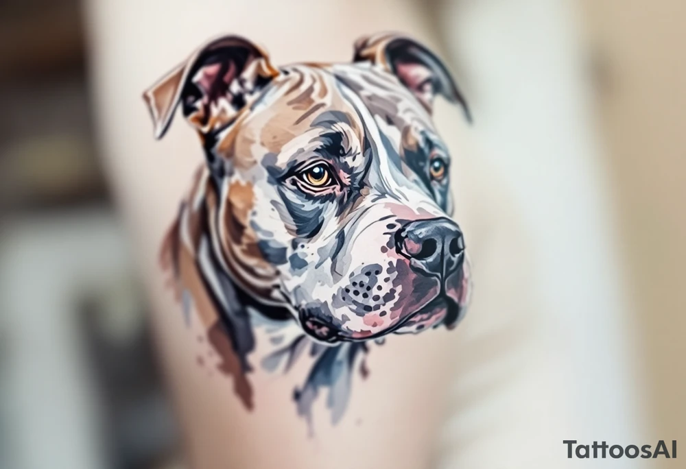 Watercolor pitbull portrait, soft washes of gray, blue, and brown, with expressive brush strokes highlighting the dog’s emotion. tattoo idea