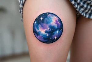 A galaxy-inspired Earth in swirling blues and violets floats in space with tiny white starbursts. tattoo idea