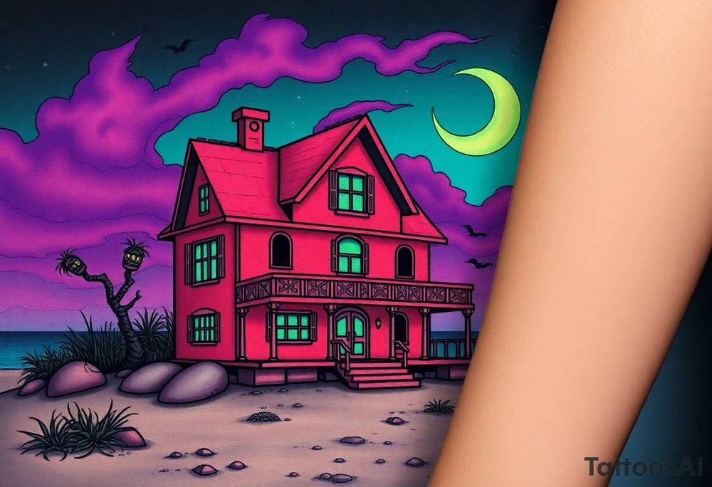 Tim Burton’s haunted pastel beach home is abandoned and dripping with muted reds, dusty pinks, and eerie green glow.purple and cyan smokey clouds swirl in the crescent moonlit sky thats sprinkled with stars tattoo idea tattoo idea
