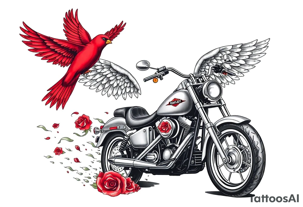 Harley grey motorcycle driving away, two red birds flying, roses, flames, angel wings tattoo idea