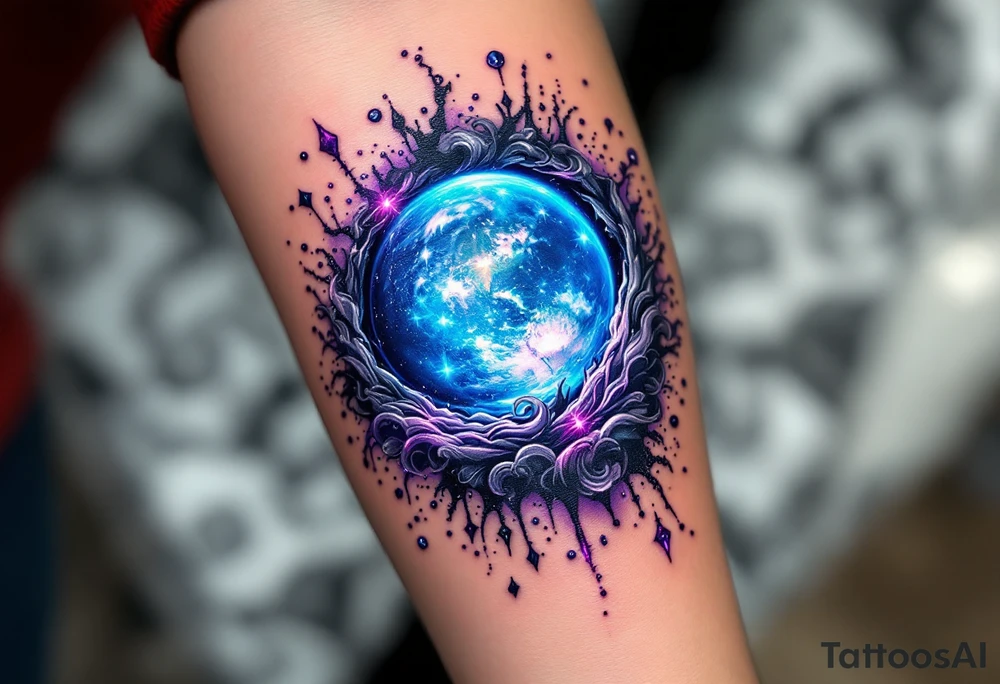 A planet bursting through the skin, appearing in glowing neon blue, deep purple, and swirling silver, as if revealing another dimension. tattoo idea