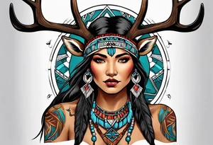 Native American women with deer antlers tattoo idea