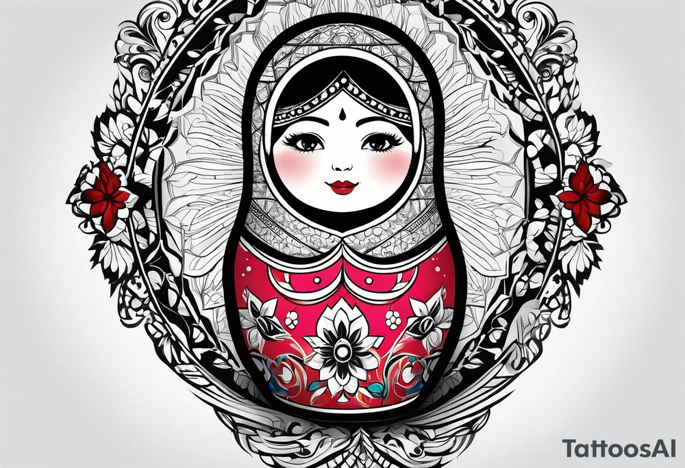 Matryoshka with geometric design,  with large pattern around it tattoo idea