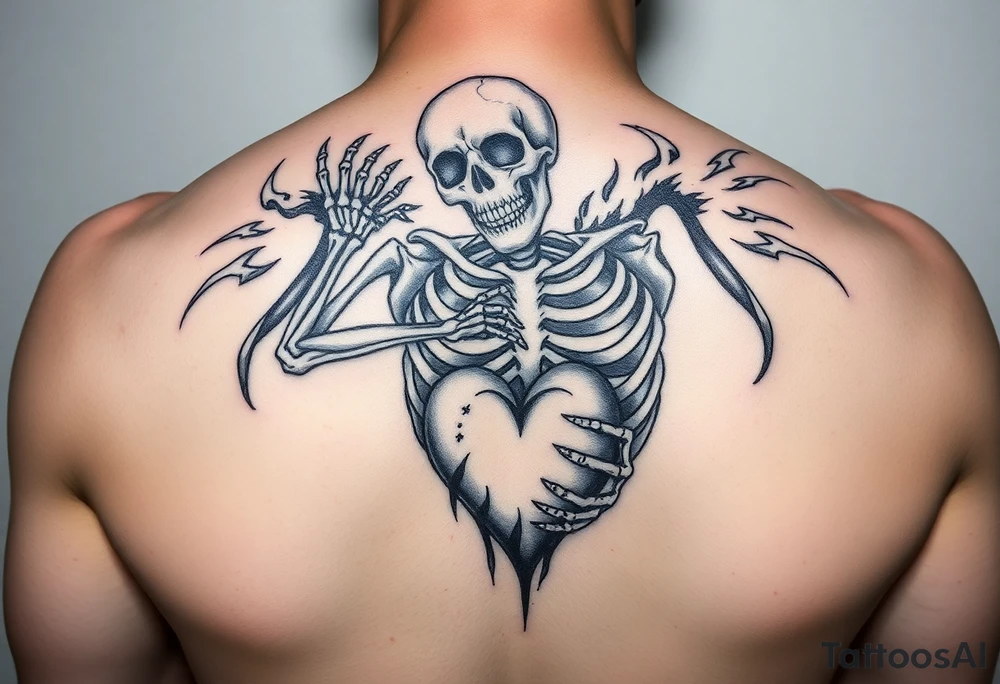 Skeleton in agony, heart broken, on fire tattoo idea