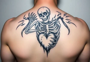 Skeleton in agony, heart broken, on fire tattoo idea