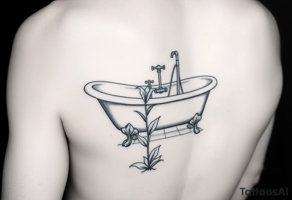 clawfoot bathtub with simple faucet and lily coming up out of the tile floor tattoo idea