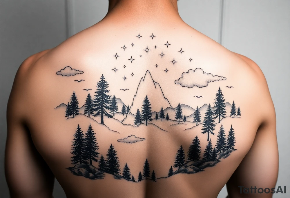 ocean and forrest with  trees an rainy clouds with lighting sleeve for arm and stars and clouds tattoo idea