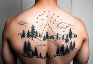 ocean and forrest with  trees an rainy clouds with lighting sleeve for arm and stars and clouds tattoo idea