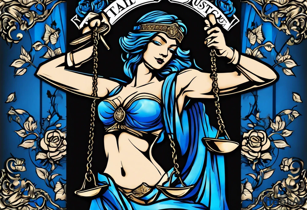 Lady Justice, 
Blindfold:
Scales: 
 Lady Justice is shown with black hair, which is a unique artistic choice compared to the more traditional representations. The scales, blindfold, and sword are all present, adhering to the classic iconography but with a modern and colorful twist. blue roses frames, background blue,present it in a tattoo tattoo idea