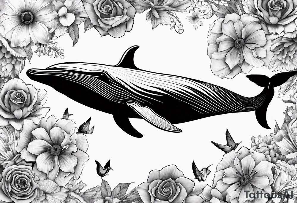 flowers, collage, whale and hummingbird tattoo idea