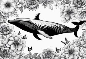 flowers, collage, whale and hummingbird tattoo idea