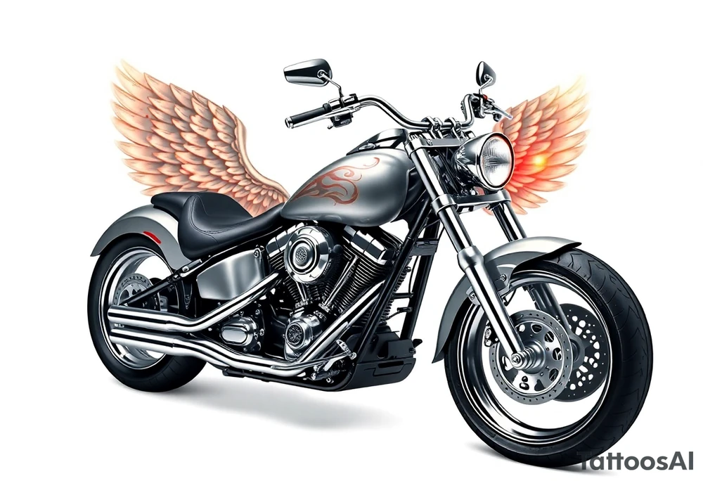 Low rider grey motorcycle, flames, angel wings tattoo idea
