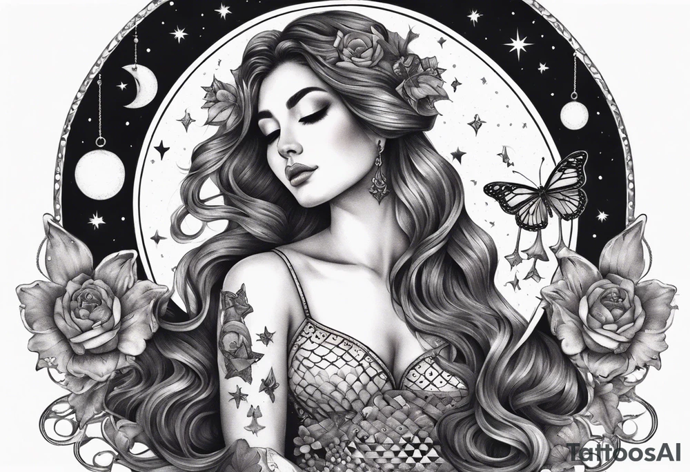 Beautiful woman with butterflies in her long wavy hair sitting on a half moon holding the libra scales with a moon and star background tattoo idea