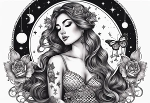 Beautiful woman with butterflies in her long wavy hair sitting on a half moon holding the libra scales with a moon and star background tattoo idea
