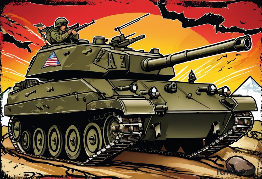 US Army 2nd Armored Division patch with dog tags & chain draped over the patch and M1 tank battle in background tattoo idea