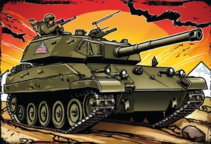 US Army 2nd Armored Division patch with dog tags & chain draped over the patch and M1 tank battle in background tattoo idea