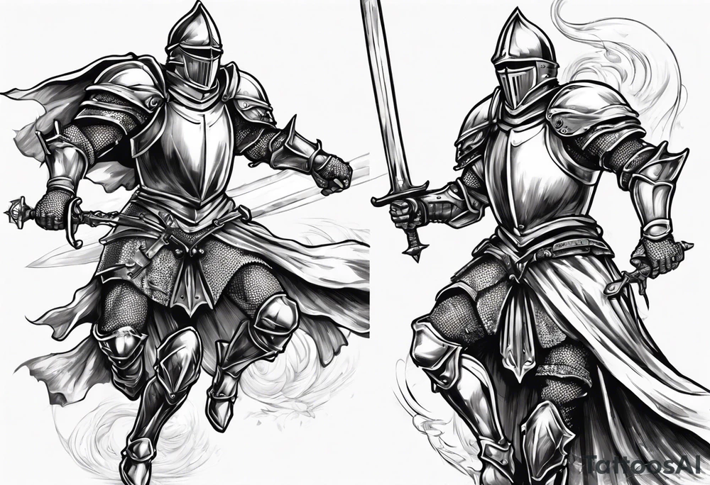 A Paladin Knight in mid-air with his sword about to attack. tattoo idea