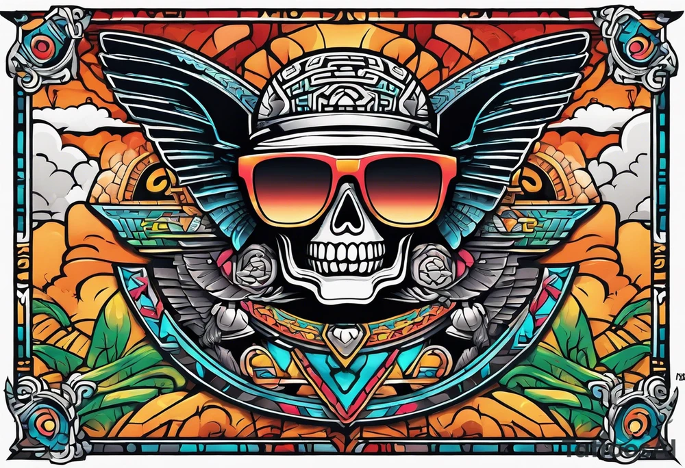 Colorful ancient Mayan hieroglyph made of stone wearing sunglasses reflecting Chichen itza and bats. tattoo idea