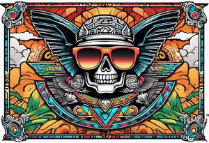 Colorful ancient Mayan hieroglyph made of stone wearing sunglasses reflecting Chichen itza and bats. tattoo idea