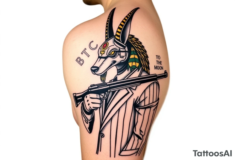 "Anubis in a 1920s gangster pinstripe suit, holding a tommy gun. His jackal head is half-cyborg (exposed circuits). Hieroglyph background spells 'BTC TO THE MOON'.  

Style: Art Deco meets cyber-Egyptian. Black/red/gold ink. Forearm sleeve." tattoo idea